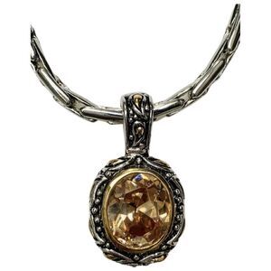 VTG Topaz Faceted Glass Pendant Necklace 24” Silver Snake Chain Paisley